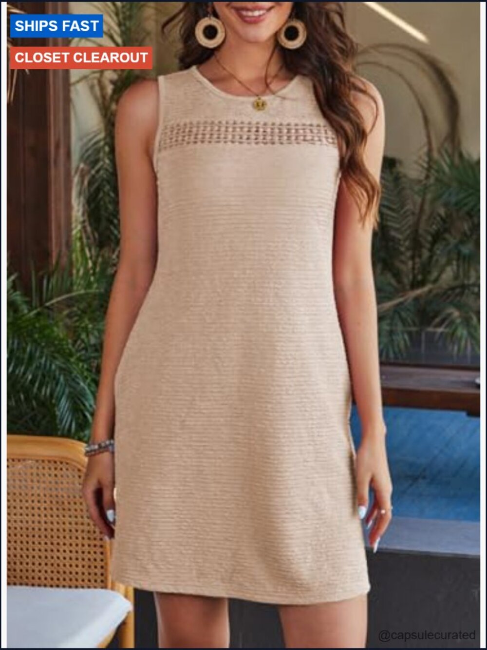 Sleeveless Cut-Out Mini Dress Crewneck Casual Beach Vacation Shift Dress - Picture 2 of 7